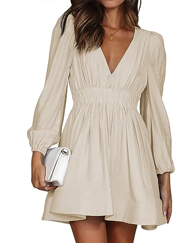 FAIABLE Mini Deep V Sexy Long Sleeve Dress for Women A-line High Waisted Casual Flowy Dress for Cocktail Wedding Guest Apricot