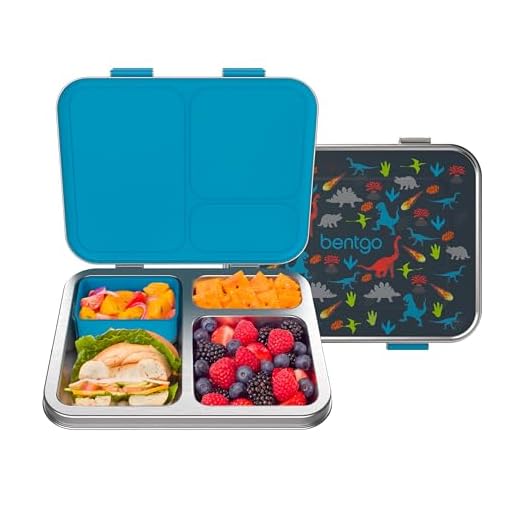 Bentgo® Kids Stainless Steel Prints Leak-Resistant Lunch Box - New Improved 2022 Bento-Style with Updated Latches, 3 Compartments & Bonus Container - Eco-Friendly, Dishwasher Safe, BPA-Free (Dinosaur)