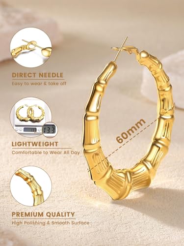 KeyStyle Bamboo Hoop Earrings for Women, Stainless Steel 90s Hoops Earring Lightweight Loops for Party, 2 mm Thick Hypoallergenic Vintage Circle Endless Thin Hoop (40mm, 60mm, 80mm,)4