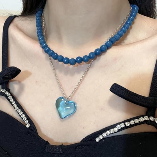 Collier pendentif en résine bleue perlée en verre cœur esthétique fille - 2