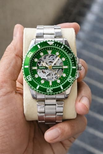 Image of AMERICANVIBER Luxury Diver Watch with Green Dial, Stainless Steel Band, Date Display, Quartz Movement