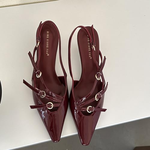 Women's Pointed Toe Kitten Heels Buckle Pumps,Sexy Slingback Adjustable Metallic Multi-Buckle Low Heel Sandals Slip On Office Party Dress Pumps Shoes2