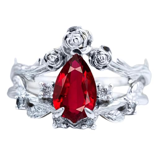 Women's teardrop shape gemstone engagement ring set ruby, sapphire, emerald, amethyst turquoise birthstone 925 silver flower design ring, unique bridal wedding ring, size 4-16