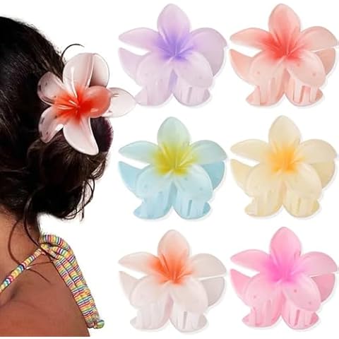 6Pack Plumeria Flower Hair Clips for Women - Gradient Big Flower Acrylic Hair Clip Sweet Hairpins Hair Clips Crab Clamps Barrettes Hawaiian Non-Slip Fashion Beach Hair Accessories Cover