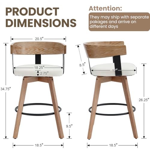 Butaco HNY 26" asiento altura giratorio en lino juego de 2, blanco | Moderno taburetes giratorios 360° con tapizado de lino estructura de madera maciza y reposapiés de metal perfecto para barra y comedor miniatura 2