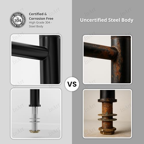 Image of InArt SS-304 Extra Tall Pillar Tap for Wash Basin | 12 Inch High Neck Table Top Tap with 3 inch Extended Thread | Long Basin Faucet Pillar Cock | 7 Years Warranty (Black Matt)