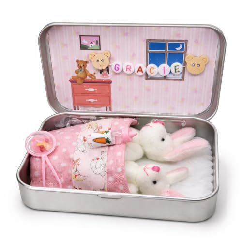 Auetrcls Little Pocket Bunny in a Tin Box - Mini Plush Mummy Baby Bunnies Collectible Figurines - Cute Easter Basket Stuffer Unique Gift - Tiny Stuffed Bunny