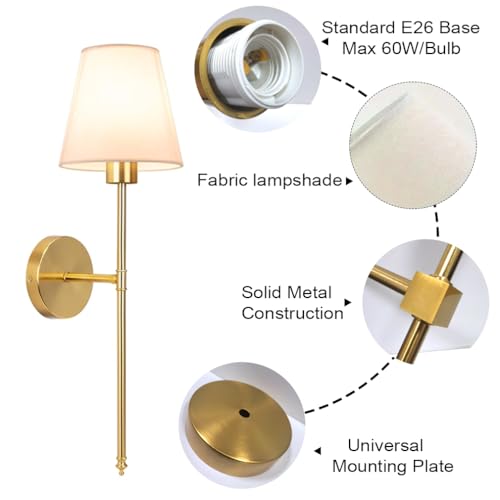 Image of Wall Sconces Sets of 2, Classic Brushed Brass Sconces Wall Lighting, Hardwired Bathroom Vanity Light Fixture with Fabric Shade for Bedroom Living Room Hallway Kitchen (Bulbs Included)(Warm light)
