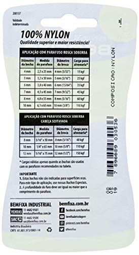 BemFixa Bucha de Nylon com Anel 8mm, 10 Peças, Branca