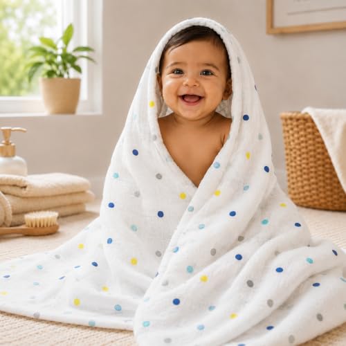 Image of 100% Cotton Muslin Baby Swaddle & Bath Towel, 120 x 120 cm (47 x 47 Inches), Soft & Breathable Newborn Baby Swaddle Wrap, Lightweight Cotton Baby Blanket, 0-18 Months, Multi Dot + Coconut, Set of 2