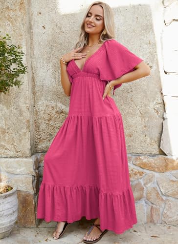 Image of Kikibell Women Summer Dresses Sexy V-Neck Maxi Dress Tiered Silhouette with Flutter Sleeve Backless Elastic Waist Flowy Dress