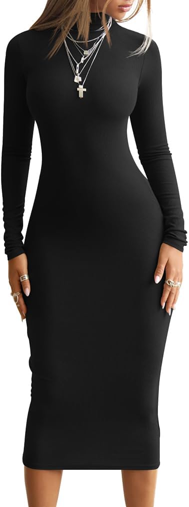 BEAGIMEG Women's Bodycon Long Sleeve Mock Neckline Knit Ribbed Party Club Midi Dress