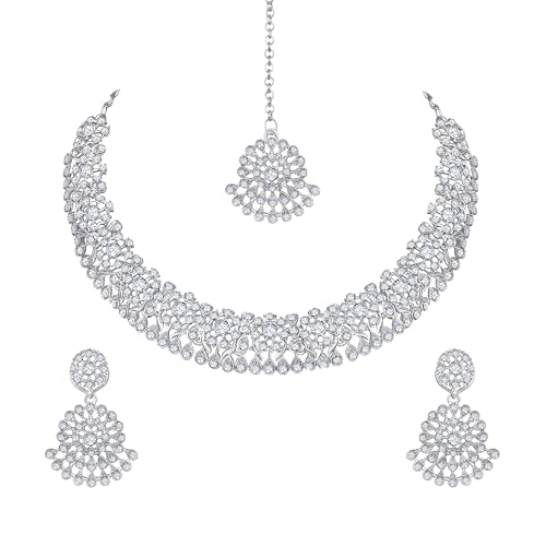 Image of Atasi International Silver Plated White Crystals American Diamonds Stylish Necklace Set with Earrings and Maang Tikka for Women and Girls | Stylish Jewellery for Party, Wedding and Festive Occasions (R6150)
