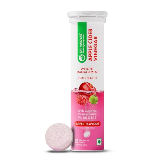 Image of Dr. Vaidya's Apple Cider Vinegar (ACV) Effervescent Tablets with Garcinia, Pomegranate, Vitamin B6 & B12 | Supports Weight Management, Metabolism, Digestion & Gut Health | Tasty Apple Flavour | 15 Tablets per Pack , Pack of 1