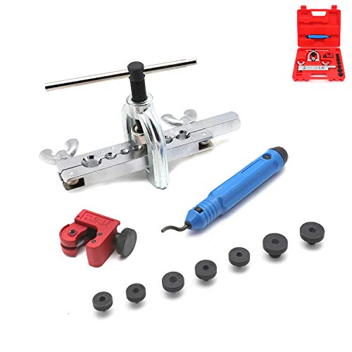 HTTMT- Double Flaring Brake Line Tool Tubing Car Truck Tool w/Mini Pipe Cutter Deburrer [P/N: ET-TOOL025-RED]