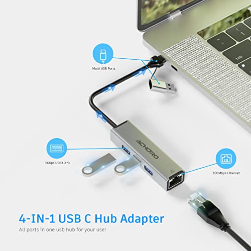 Achoro Usb Port Expender With Lan - Built In Usb A & Usb C To Usb Port Ethernet Port Adapter - Multiple Usb Port For Pc, Mac - Aluminium Alloy Extra 3 Usb Ports With Rj45 Usb Hub (Lan & Usb Ports) #TOP2