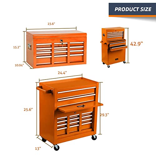 8-Drawer High Capacity Tool Chest, Rolling Tool Box with Lock, Tool Box on 4 Wheels with Sliding Drawers, Tool Storage Cabinet Removable Portable Box for Garage Warehouse New(Orange)