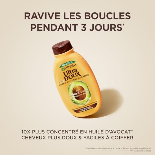 Garnier Ultra Doux - Shampooing pour Cheveux Secs, Bouclés à Crépus - À l'Huile d'Avocat et Beurre de Karité - Texture Crémeuse et Onctueuse - 300 ml - Homme & Femme – Image 3