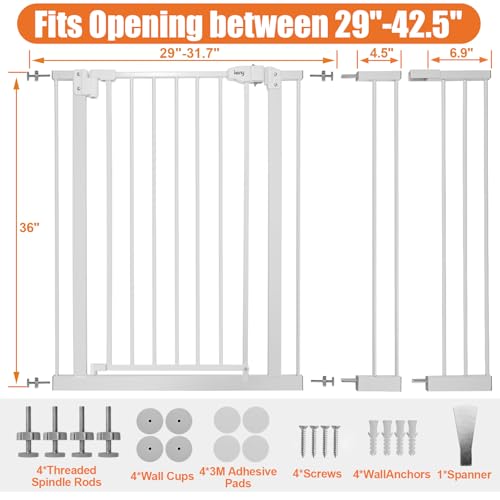 Image of keny 36 inch Extra Tall Baby Gate for Stairs, 29-42.5 inch Wide Auto Close Dog Gate | Pressure Mounted Easy Walk Through Pet Gate for Doorways, Durable Safety Stair Gate, White