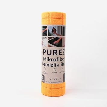 Pureza Rulo Mikrofiber Temizlik Bezi 30X30 cm 20'li- Mutfak, Banyo, Cam ve Araba Için (Turuncu)