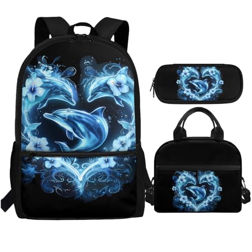 Yzaoxia Boho Backpack and Lunch Bag Set for Boys Kids Dolphins Bookbag for Girls 7-8 School Bag with Lunch Box Set 3 Pieces Book Bag 6th Grade Children Pencil Case