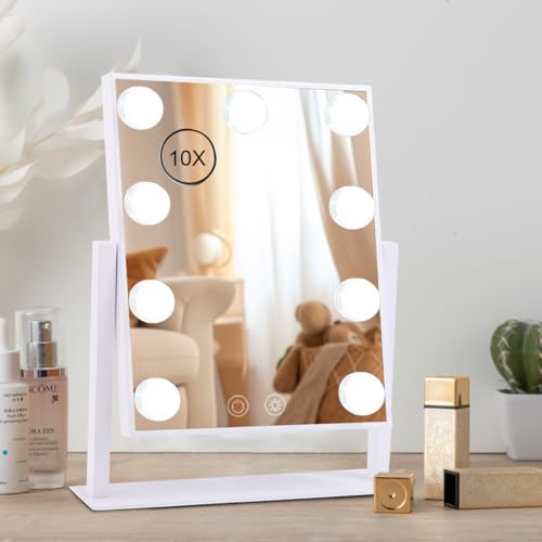 ICDLTJ Espejo de tocador con luces, espejo de maquillaje XWJ con 9 bombillas LED, aumento desmontable de 10x, 3 modos de iluminación de color, rotación de 360°, pantalla táctil, brillo ajustable y