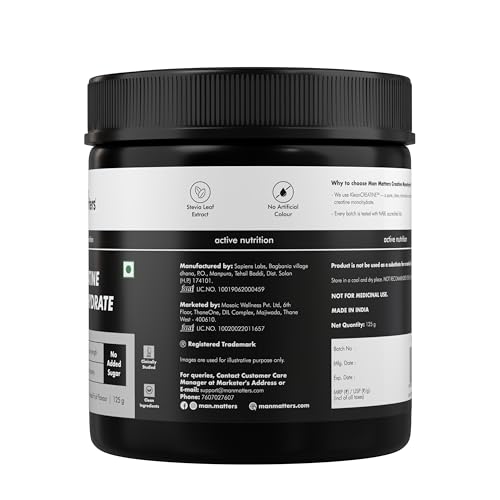 Image of Man Matters Pure Micronised Clean Creatine Monohydrate 125g(32 Servings), Mixed Fruit Flavor |Lab Tested | Enhances Strength, Muscle Mass & Athletic Performance | 66% Higher Absorption & Muscle Recovery | 100% Pure Creatine