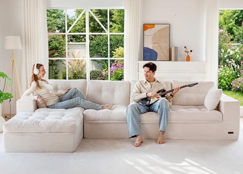 Image of MAXYOYO 132 inch L Shaped Modular Sectional Sofa with Ottoman, Cloud Boneless Couch with Layered Cushion, Upholstered Sofa in a Box, Flexible Module Combination for Living Room, No Assembly, Beige