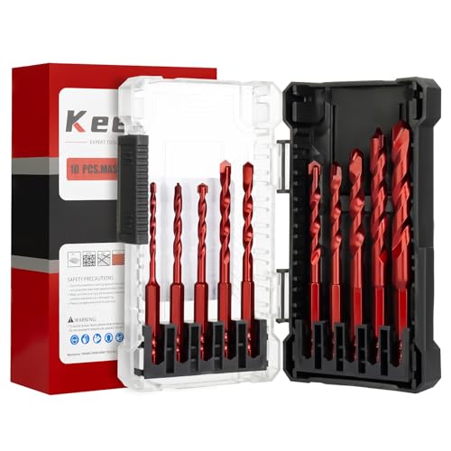 Keewaki Masonry Drill Bit Set - 10-Piece Hex Shank Set for Tile Brick Concrete & Stone - Includes 4mm to 12mm Sizes with Storage Case - Durable Sharp Carbide Drill Bits for Fast Precise Drilling