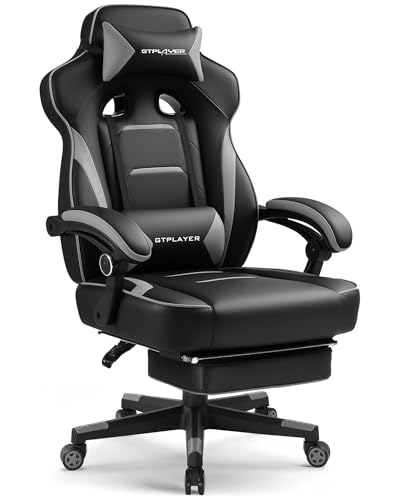 GTPLAYER Gaming Chair with Footrest, Big and Tall Computer Game Chair 350lb Racing Style, Ergonomic High Back Lumbar Support and Recliner, Moon Gray