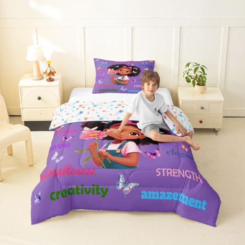 Image of Erosebridal Black Girls Magical Comforter Set Butterflies Inspirational Quotes Twin Bedding Set African American Comforter Afro Pretty Girls Duvet Insert for Nursery Kids Princess Cute Room Decor