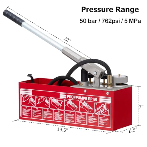 Image of GarveeTech Hand Pressure Test Pump, 50 Bar Hydraulic Test Pump 762PSI with 3.2 gal Tank, for Pipeline Pressure Container Irrigation Firemen, 45 ml 1 /2 in BSP for Pipeline Fluid Pressure Testing