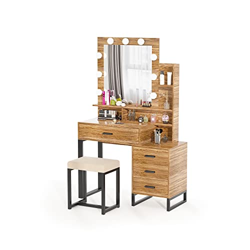 Pakasept Vanity Set With Lighted Mirror, Makeup Vanity Dressing Table With 3-Color Lights, Drawers, Storage Shelves And Cushioned Stool, Small Vanity Desk For Bedroom #TOP7