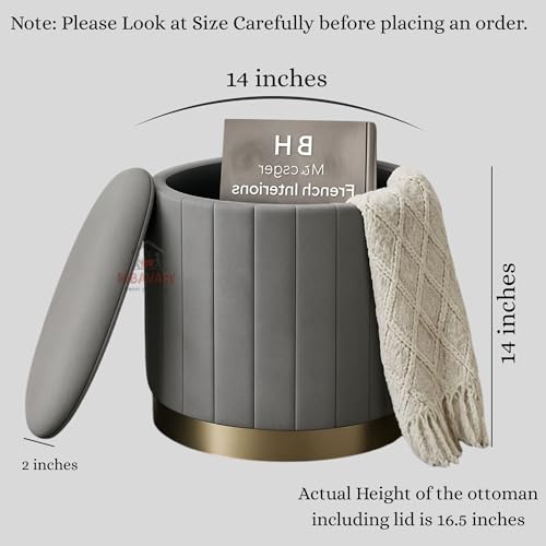 Image of Round Velvet Luxurious Storage Ottoman, Pouf with Storage Vanity Stool Chair,Upholstered Foot Rest Stool with Gold Strip Base for Living Room or Bedroom (Grey, Medium- 36Dx36Wx40H)