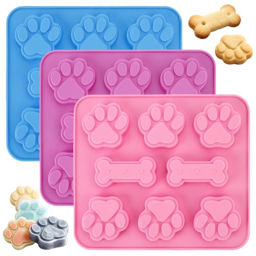 Puppy Dog Paw Bone Silicone Molds 3 Pack Frozen Dog Treat Molds for Baking and Freezing Reusable Non-Stick Dogs Chocolate Candy Freezer Molds Ice Cube Tray for Food Cookie Jelly Biscuits Soap Making