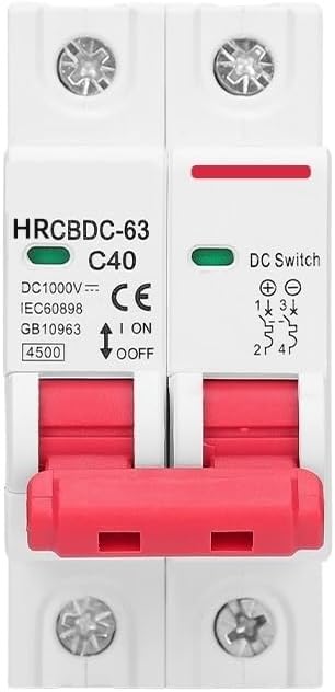 Circuit Breaker 2P DC 1000V Overload Protection Switch 6A 10A 16A 20A 25A 32A 40A 50A 63A for Photovoltaic PV System(1P,25A)