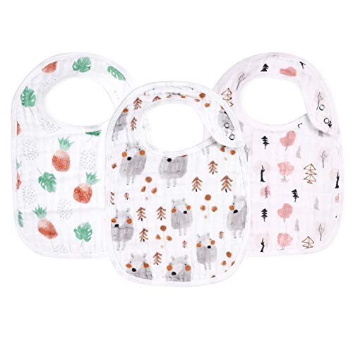 Image of egmao baby Snap Muslin Bibs Made from 100% Cotton (3 Pack), 3 Absorbent & Soft Layers, Bibs for Infants, Newborns and Toddlers, Adjustable, Machine Washable, “Pineapple,Sheep,Tree”