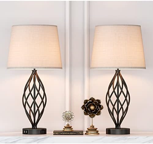 BYBLIGHT Touch Control Traditional Table Lamp Set of 2, Vintage Table Lamps with 2 USB Ports and Outlets, 3 Way Dimmable Bedside Nightstand Lamps for Living Room Bedroom (Bulb Included)