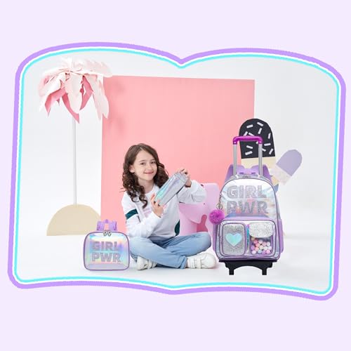 Image of HTgroce Rolling Backpack with Wheel,School Backpack for Kids Girl Roller Schoolbag Wheeled Backpacks Set Carry-on Luggage,Purple