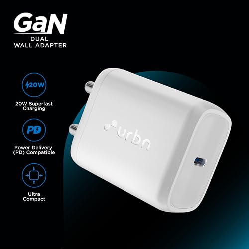 Image of URBN 20W USB C iPhone GaN Charger | 2X Faster Charging | Power Delivery (PD) Adapter | Made in India | for iPhone 17 /16 /15 /14 /13 /12 /11 /Pro /Max /Mini (White)