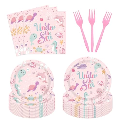 Under The Sea Birthday Party Tableware Kits Underwater Sea Life Party Decorations for Birthday Party Ocean Happy Birthday Party Decorations for 24 Guests