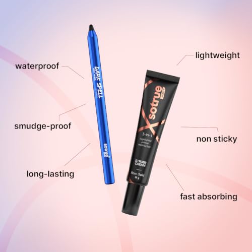 Image of Sotrue Dark Spell Kohl Kajal + Rose Gold Radiance Multipurpose Strobe Cream Combo | 24H Smudgeproof Kajal, Instant Glow | Waterproof Eye Makeup & Hydrating Primer, Highlighter Duo (18g, Rose Gold)