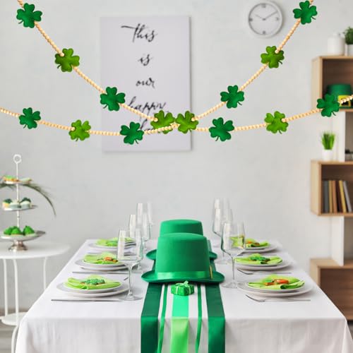 Image of St Patricks Day Garland, 3D Felt St Patricks Shamrock Banner with Wooden Beads for St Patricks Day Decor Irish Hanging Bunting Garland for St. Patrick's Day Home Mantel Wall Decor