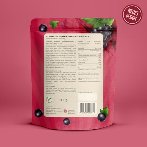 myfruits schwarzes Johannisbeerpulver, 200g, ohne Zusätze, zu 100% aus Johannisbeeren, gefriergetrocknete Früchte und Fruchtpulver für Smoothie, Shakes & Joghurt (200g)