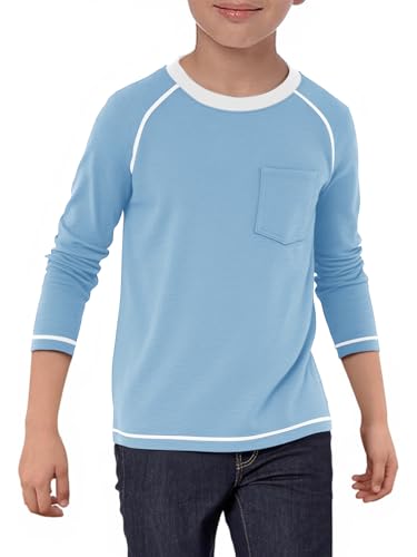 Haloumoning Boys Shirts Kids Long Sleeve Crewneck T Shirts Casual Fall Tops Tees with Chest Pocket 5-14 Years