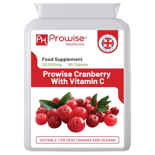 Arándano rojo de doble potencia 20.000 mg con vitamina C añadida - 90 comprimidos veganos | Comprimidos fáciles de tragar | Ingredientes sin OMG | Fabricado en el Reino Unido por Prowise Healthcare