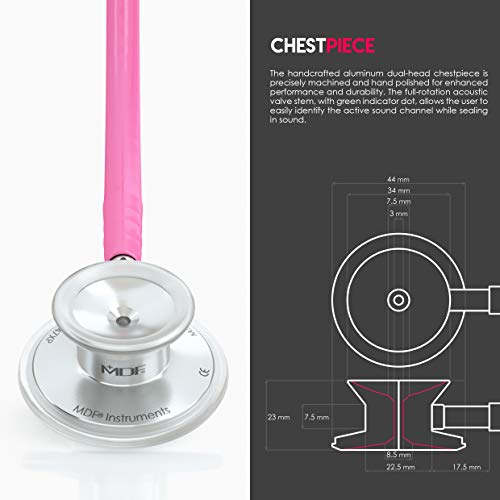 Image of MDF Instruments, Acoustica Lightweight Stethoscope for Doctors, Nurses, Students, Home Health Use, Adult, Dual Head, Fuchsia Tube, Silver Chestpiece-Headset, MDF747XP32 | Dual Head, rotating chestpiece, Lifetime warranty, Free-Parts-for-Life, Latex-free, For doctors, nurses, students home health