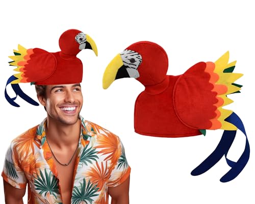 Nicky Bigs Novelties Tropical Parrot Hat for Adults Colorful Macaw Bird Costume Head Cap with Feathers Beak Tail Funny Novelty Hat for Luau Beach Party Zoo Trip Halloween Cosplay Festivals One Size
