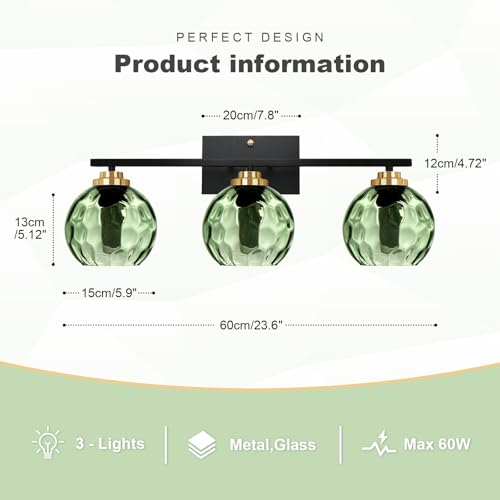 Image of Glass Bathroom Vanity Light Matte Black Mid Century Wall Light Fixtures 3-Light 23.6 Inch Green Globe Shade Indoor Green Glass Wall Sconce for Bedroom Hallway Bedside