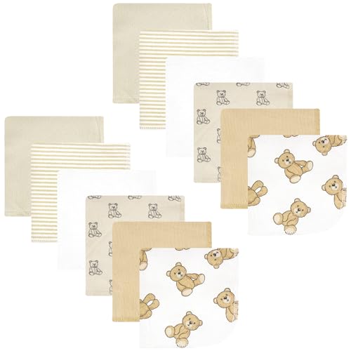 Image of Hudson Baby Unisex Baby Flannel Cotton Poly Washcloths, Teddy Bears 12 Pack, One Size